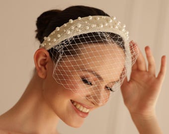 Pearl Birdcage Veil – Bridal Headband, Elegant Wedding Hairpiece