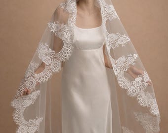Ivory Mantilla Wedding Veil with Scalloped Lace Edge , Lace Bridal Veil, Chapel & Royal Length Lace Veil for Church Weddings