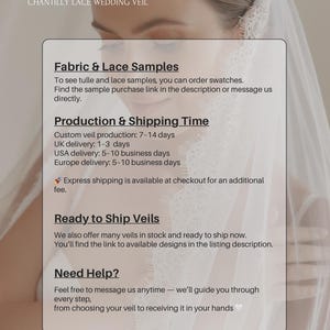 K&ouml;nnte beinhalten: Das Bild zeigt einen Brautschleier mit dem Text "MOCCO BRIDAL CHANTILLY LACE WEDDING VEIL". Der Text enth&auml;lt Informationen zu Stoff- und Spitzmustern, Produktions- und Versandzeiten sowie sofort lieferbaren Schleiern.