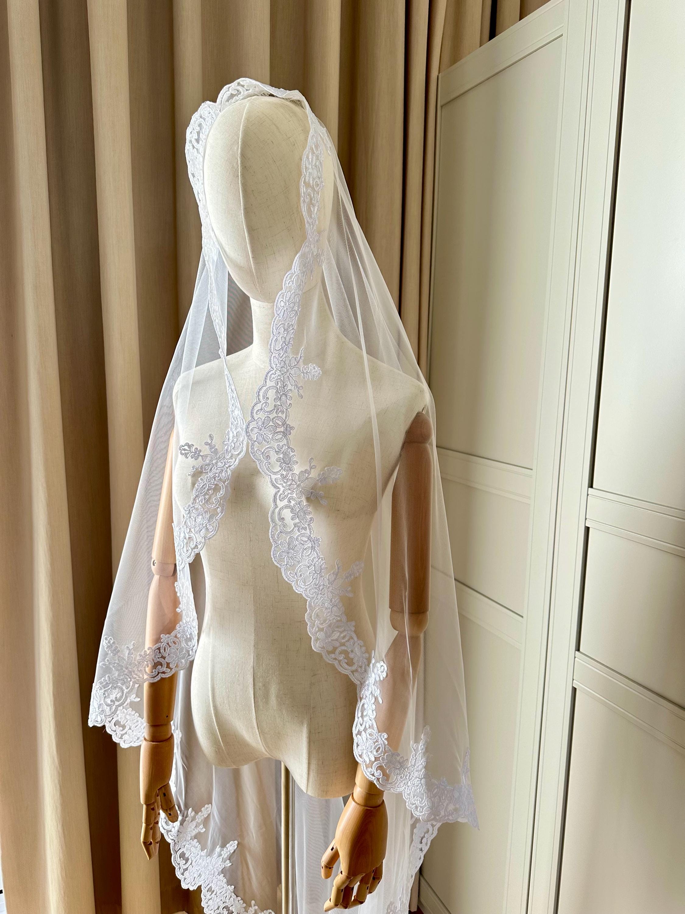 Mantilla Lace Wedding Veil, Ivory Scalloped Edge, Church 