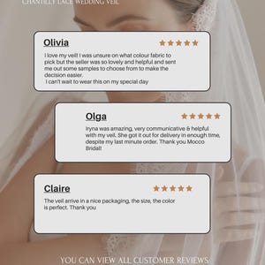 Puede incluir: Primer plano de un velo de novia con encaje de Chantilly. El logotipo de Mocco Bridal est&aacute; en la parte superior. Las rese&ntilde;as de los clientes se muestran debajo del velo. El texto dice: "Puedes ver todas las rese&ntilde;as de los clientes en nuestra tienda."