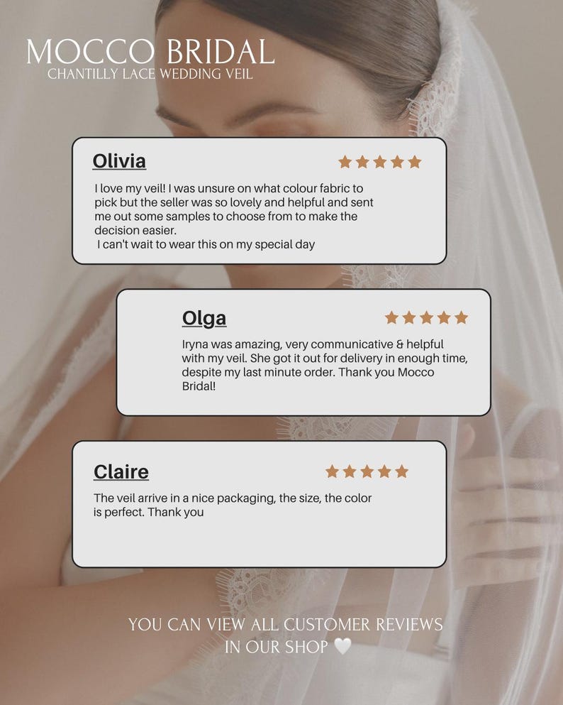 Puede incluir: Primer plano de un velo de novia con encaje de Chantilly. El logotipo de Mocco Bridal est&aacute; en la parte superior. Las rese&ntilde;as de los clientes se muestran debajo del velo. El texto dice: "Puedes ver todas las rese&ntilde;as de los clientes en nuestra tienda."