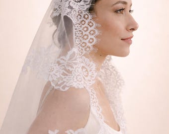 Ivory Mantilla Wedding Veil, Scalloped Lace, Chapel Length
