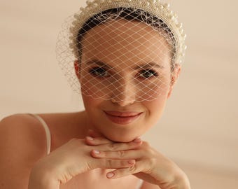 Pearl bridal headband, White pearl headband, short veils, Headband with net, bridal veil birdcage pearl, birdcage veil - MIRACLE
