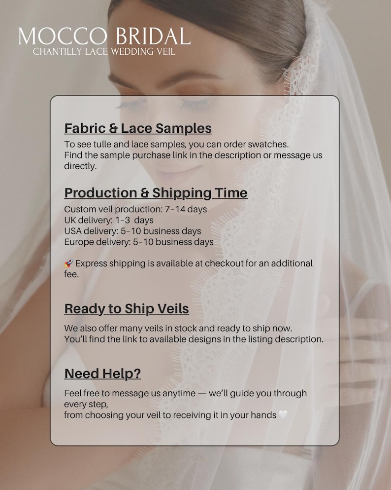 May include: A wedding veil is displayed, with the text "MOCCO BRIDAL CHANTILLY LACE WEDDING VEIL." The image provides information about fabric samples, production times, and ready-to-ship veils. It also includes a message encouraging customers to seek help if needed.