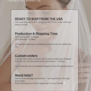 Puede incluir: Un velo de novia con encaje de Chantilly, el nombre del producto es Mocco Bridal. El texto de la imagen dice "READY TO SHIP FROM THE USA" y "Custom orders". La imagen muestra un primer plano de una novia con el velo.