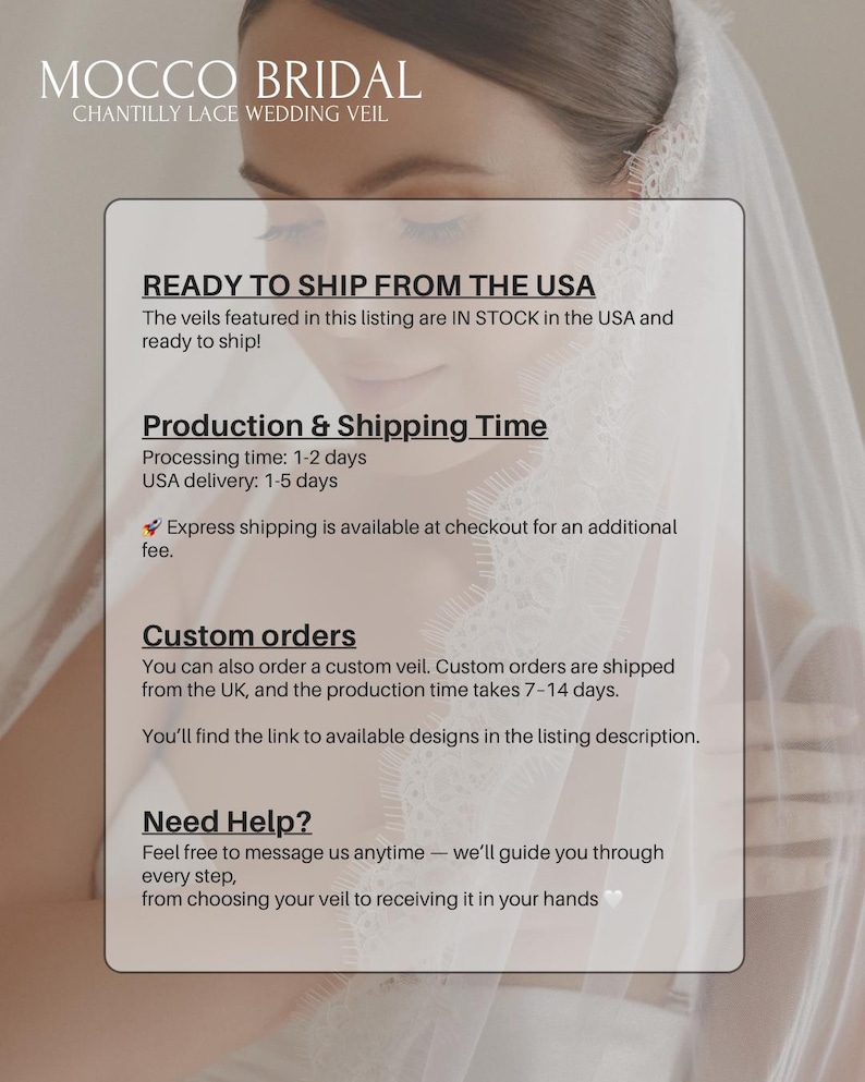 Puede incluir: Un velo de novia con encaje de Chantilly, el nombre del producto es Mocco Bridal. El texto de la imagen dice "READY TO SHIP FROM THE USA" y "Custom orders". La imagen muestra un primer plano de una novia con el velo.