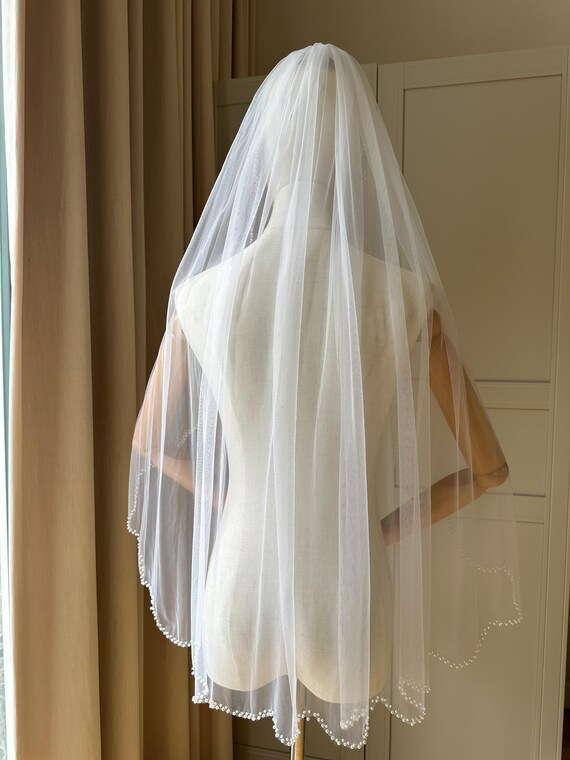 Beaded Edge Veil, Fingertip Wedding Veil, Pearl Bridal Veil  display picture 2