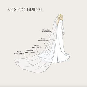 May include: Illustration of a bride in a white wedding dress with a long veil. The veil lengths are labeled: Fingertips (100 cm), Knee (150 cm), Chapel (200 cm), Cathedral (250 cm), and Royal (300 cm). The brand name "MOCCO BRIDAL" is at the top.
