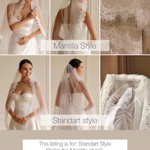 Puede incluir: Se muestra una selecci&oacute;n de velos de novia con ribete de encaje. Los velos son usados por una persona con un vestido de novia blanco. Los textos "Mantilla Style" y "Standart style" son visibles. El anuncio es para el estilo Standart.