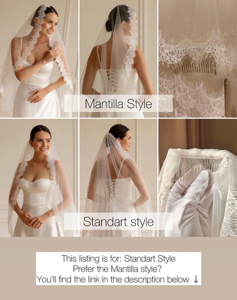 Puede incluir: Se muestra una selecci&oacute;n de velos de novia con ribete de encaje. Los velos son usados por una persona con un vestido de novia blanco. Los textos "Mantilla Style" y "Standart style" son visibles. El anuncio es para el estilo Standart.
