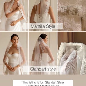 May include: A selection of bridal veils with lace edging are displayed. The veils are worn by a person in a white wedding dress. The image includes the text "Mantilla Style" and "Standart style". The listing is for the Standart style.