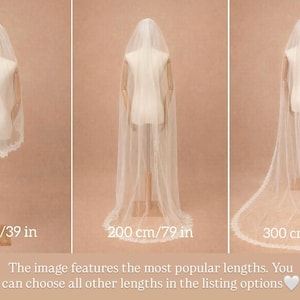 May include: Three bridal veils of varying lengths are displayed on mannequins. The veils are white, with lace trim. The lengths are 39 inches, 79 inches, and 118 inches. The image text says, "The image features the most popular lengths."