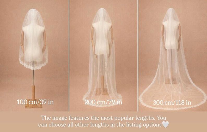 May include: Three bridal veils of varying lengths are displayed on mannequins. The veils are white, with lace trim. The lengths are 39 inches, 79 inches, and 118 inches. The image text says, "The image features the most popular lengths."