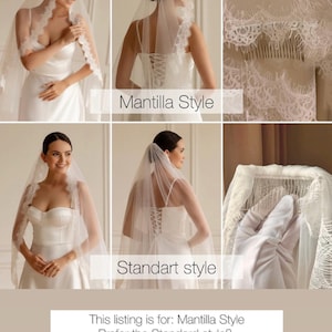 May include: A bridal veil with lace trim is shown in multiple views. The veil is worn by a person in a white wedding dress. The text "Mantilla Style" and "Standart style" are displayed. The text "This listing is for: Mantilla Style Prefer the Standard style? You'll find the link in the description below &darr;" is also displayed.