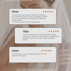 K&ouml;nnte beinhalten: Nahaufnahme eines Brautschleiers mit Chantilly-Spitze. Das Mocco Bridal-Logo befindet sich oben. Kundenbewertungen werden unter dem Schleier angezeigt. Der Text lautet: "Sie k&ouml;nnen alle Kundenbewertungen in unserem Shop einsehen."