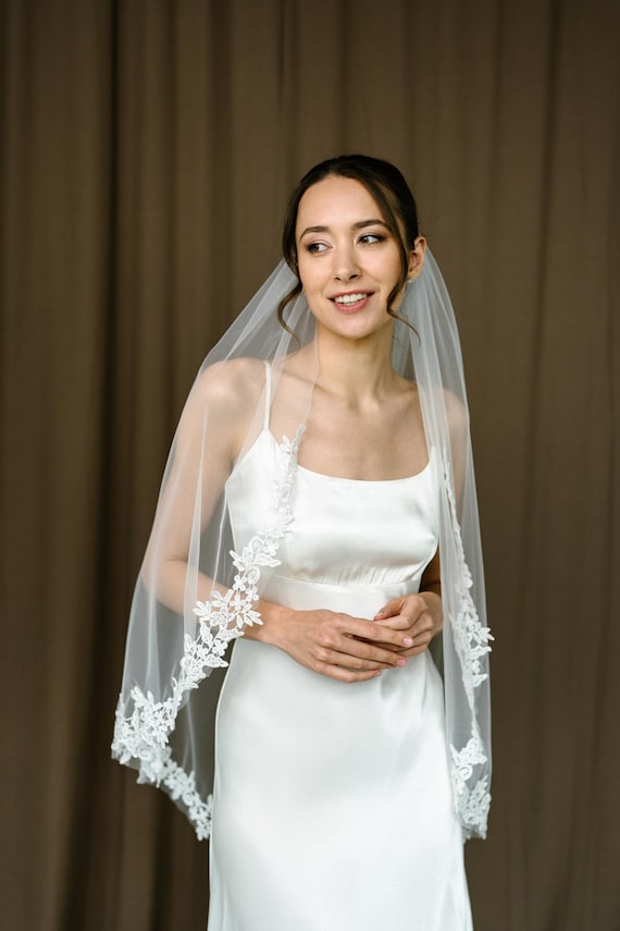 Sheer Lace-Edged Bridal Veil - White Train only short lace veil - All over sheer florals French  main image 2