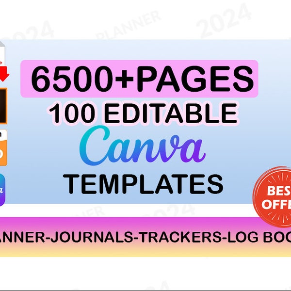 2024 -100 CANVA Editable Templates for KDP Interior, Journals, Digital Planners, Diaries, Low Content Books, Notebooks Lined Journal Bundle