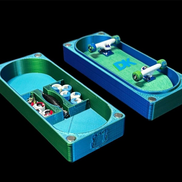 Blue and Green Fingerboard Case with Blackriver Tool and Large Accessory Storage! Holds up to 101x36x27mm completes