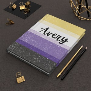 Puede incluir: Un cuaderno con una cubierta rayada de color morado, amarillo y negro. La cubierta tiene un aspecto desgastado y texturizado. El nombre "Avery" está escrito en cursiva negra en la cubierta.