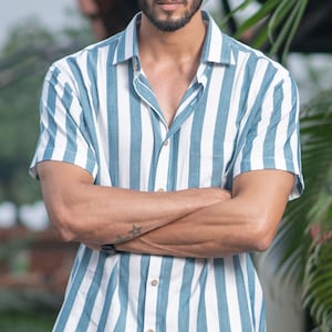 Men’s Handwoven Cotton Shirt in Green and White Stripes