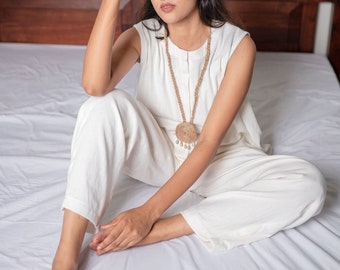 Cotton Lounge Set, Off White Pyjama Set, Comfy Sleepwear, Custom Plus Size, Travel Leisurewear