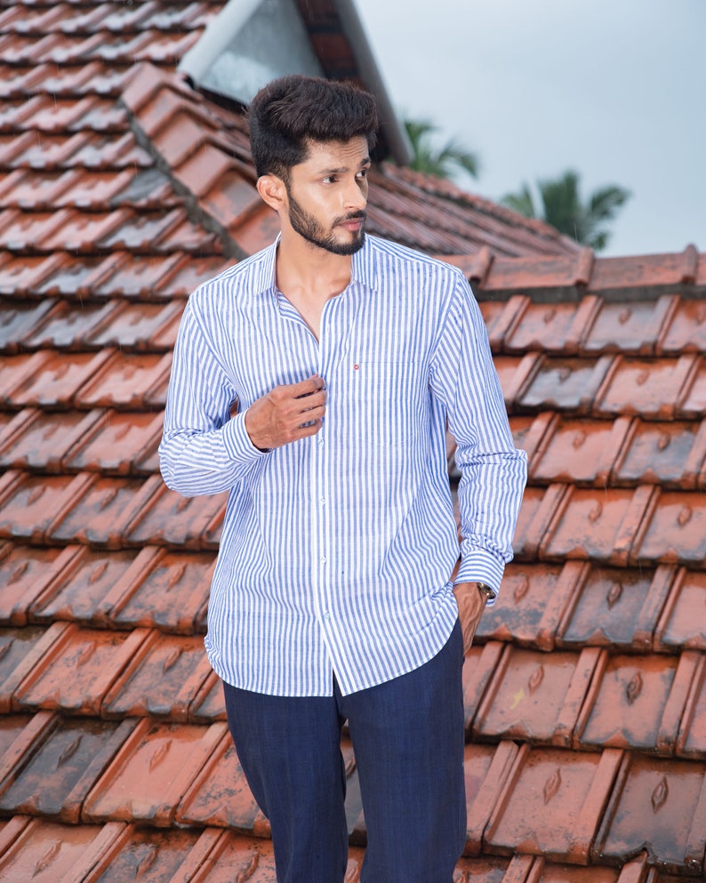 Mens Cotton Stripe Shirt - Denim Blue/White