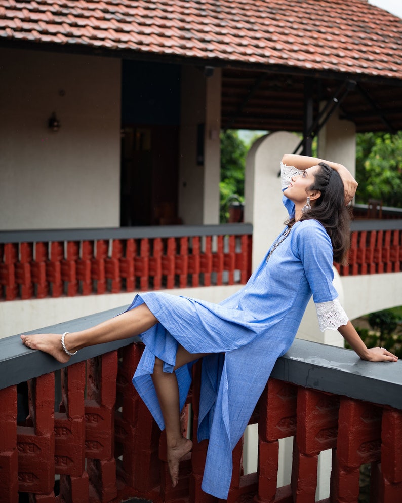 Blue Lace Sleeve Dress image 2