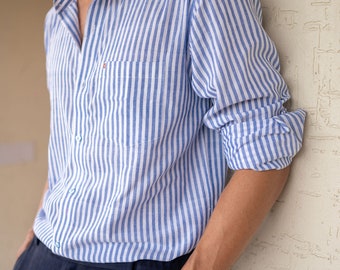 Handwoven full sleeve cotton Shirt for Men - Blue and White Striped