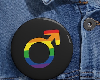 Rainbow Male Symbol Pin Button, LGBTQ Pride Accessory, Bold Rainbow Design (2.25" & 3" Sizes, Glossy Metal, Steel Pin)