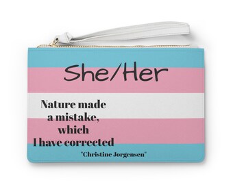 She Her Trans Pride Bag, Christine Jorgensen Quote Wristlet, Transgender Pride Pouch, LGBTQ Gift, Gender Affirming Makeup Bag