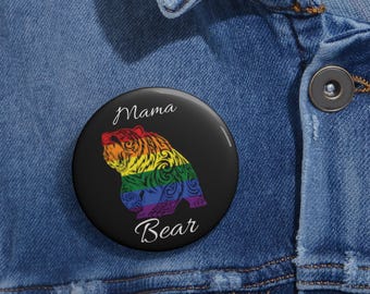Mama Bear Pride Pin Button, Rainbow Bear LGBTQ Ally Accessory, Supportive Mom Jacket Pin, Backpack Button Gift, 2.25 Inch or 3 Inch