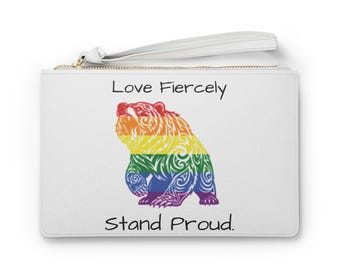 Love Fiercely Stand Proud Pride Bag, Rainbow Bear Wristlet, LGBTQ Ally Gift, Pride Month Pouch, Rainbow Makeup Bag