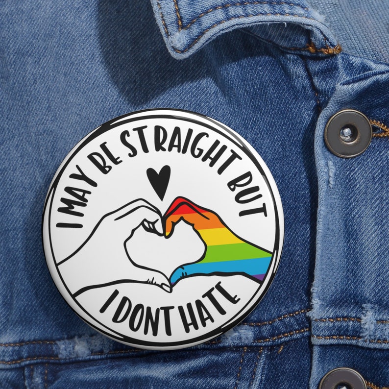 Ally Heart Pin, Rainbow Accent, Black & White (Inclusive Pride Button) image 3