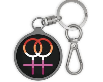 Lesbian Pride Double Venus Keychain, Interlocking Female Symbols, Black Background (Compact Round Shape, Acrylic with Metal Hardware)