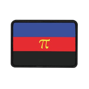 Könnte beinhalten: Ein blauer, roter und schwarzer Patch mit einem gelben Pi-Symbol in der Mitte.
