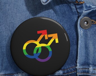 Pride Pin Button - LGBTQ Gay Pride Interlocking Male Symbols Pin - Rainbow Colors, Metal, Durable Steel Backing