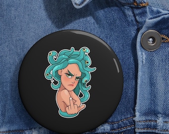Sassy Medusa Middle Finger Pin Button: Vibrant Color, Glossy Finish - Lightweight Metal, Rebellious Flair Accessory