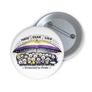 May include: A white button with a cartoon illustration of people under an umbrella with the non-binary pride flag colors. The umbrella shields them from the words "Hate Fear Lies". The text "Protected by Pride" is below the illustration. A second button is visible.