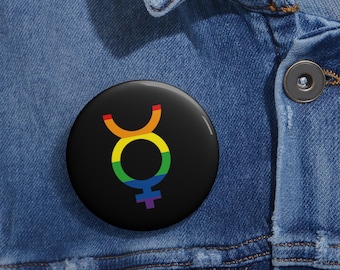 Queer Jacket Pin Rainbow Mercury Symbol: Colorful Pride Accessory, Glossy Metal Button (2.25 or 3 Inch, Steel Backing)