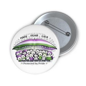 May include: A white button pin with a cartoon illustration. The design features a group of smiling figures under an umbrella with the colors of the genderqueer flag. Text reads "Hate Fear Lies" and "Protected by Pride".