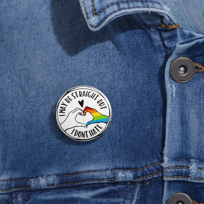 Ally Heart Pin, Rainbow Accent, Black & White (Inclusive Pride Button) image 2