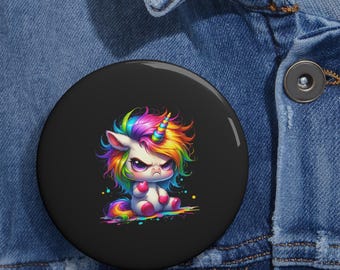 Cute Grumpy Unicorn Pin Button, Angry Rainbow Design (2.25 or 3 Inch, Glossy Metal, Colorful Fantasy Accessory)