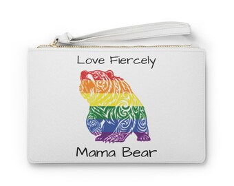 Pride Mama Bear Bag, Love Fiercely LGBTQ Ally Pouch, Rainbow Bear Wristlet, Supportive Mom Gift, Pride Month Makeup Bag