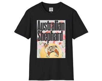 Australian Shepherd Illustration T-Shirt | Floral Background, Dog Breed Tee