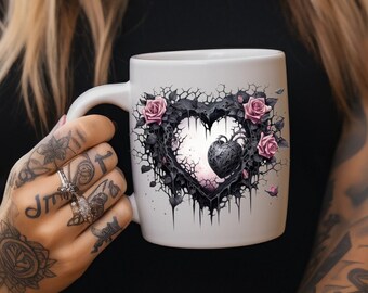 3D Black Heart Pink Roses Mug Wrap, Gothic Mugs, Valentine Coffee Mug, 1oz and 15oz, Valentines Day Mug, Sublimation Design, Digital PNG