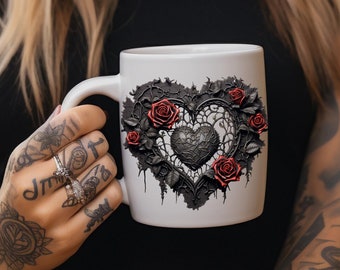 3D Black Heart Mug Wrap 11oz and 15oz, Gothic Heart Mug, Valentine Mug Designs, Gothic Valentine Day, Sublimation Design, Digital PNG