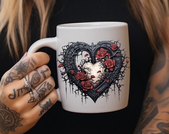 3D Black Heart Red Roses Mug Wrap, Gothic Mugs, Valentine Coffee Mug, 1oz and 15oz, Valentines Day Mug, Sublimation Design, Digital PNG