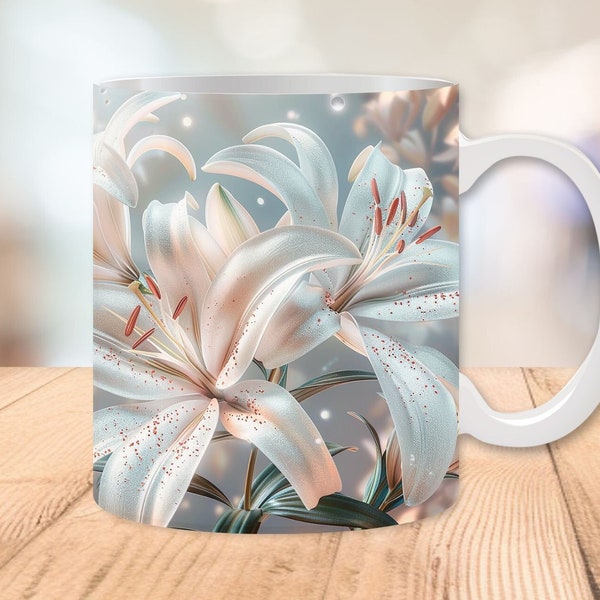 3D White Lily Flowers Mug Wrap 11oz and 15oz, Lily Flowers Mugs, Floral Mug Wrap, Lilies Flowers, Sublimation Designs, Digital Download PNG