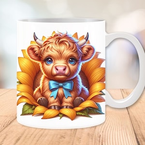 3D Highland Cow Sunflower Mug Wrap 11oz and 15oz, Baby Highland Cow Mug, Cow Mugs, Cow Wraps, Sublimation Design, Digital Download PNG Files